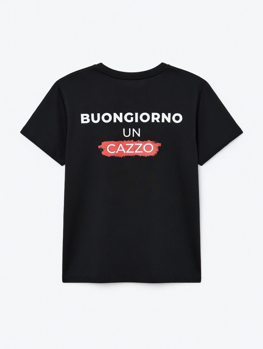 T-Shirt Buongiorno Un Cazzo - Maglietta Nera Divertente con Stampa Fronte