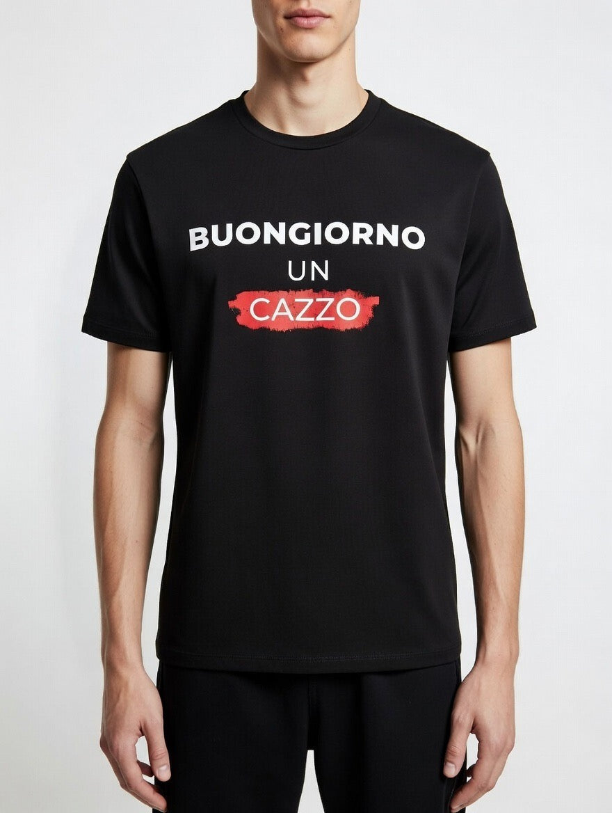 T-Shirt Buongiorno Un Cazzo - Maglietta Nera Divertente con Stampa Fronte