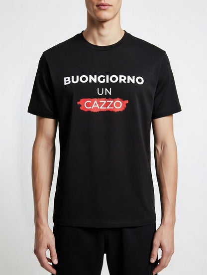 T-Shirt Buongiorno Un Cazzo - Maglietta Nera Divertente con Stampa Fronte